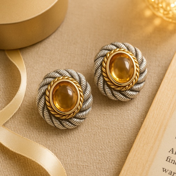 Judith Ripka Silver Citrine Quartz Cabachon Earrings | 925 Gold Accents EUC #410 - Picture 3 of 11